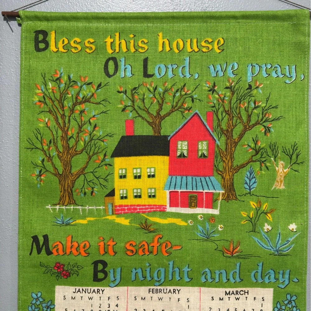 Vtg 1975 Linen Calendar Tea Towel Wall Hanging Green Folk Art Bless This House